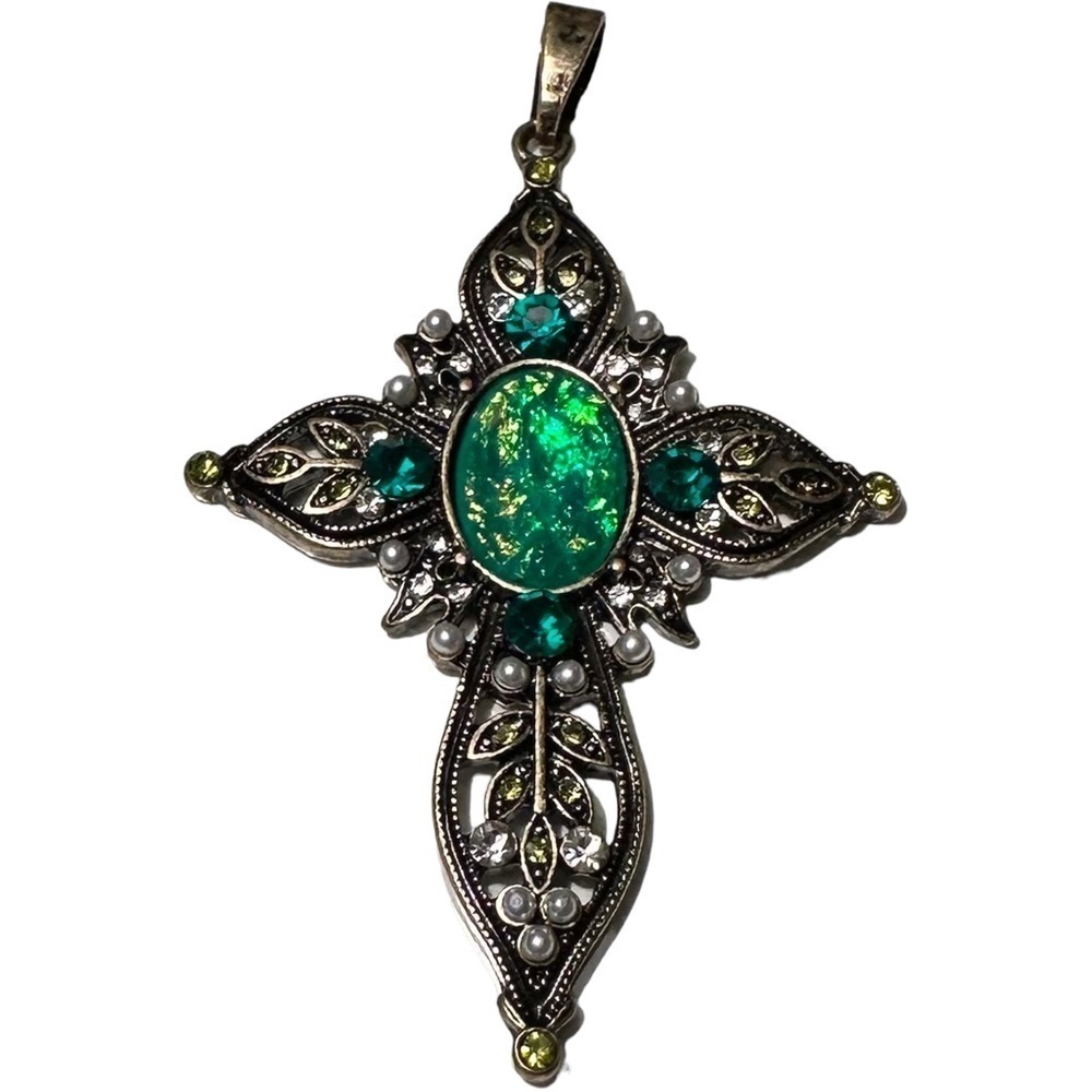 Vintage Style Faux Brass Cross Pendant w/ Green Stone & Tiny Faux Pearls PRETTY!